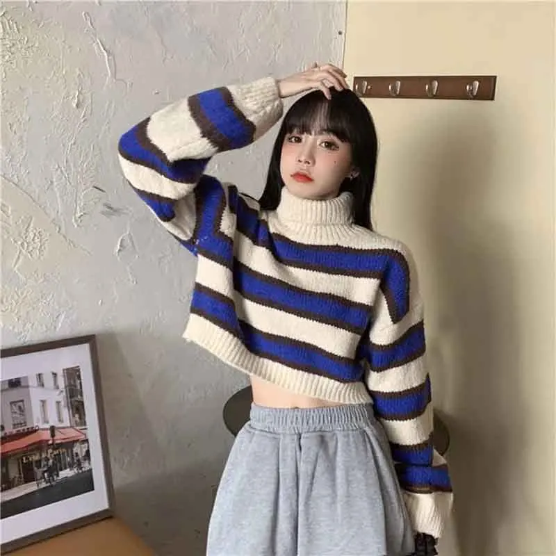 

Autumn Long Sleeve Striped Knit Sweater Women Y2K Fashion Mock Neck Crop Pullovers Korean Chic Loose Streetwear Short Jumpers