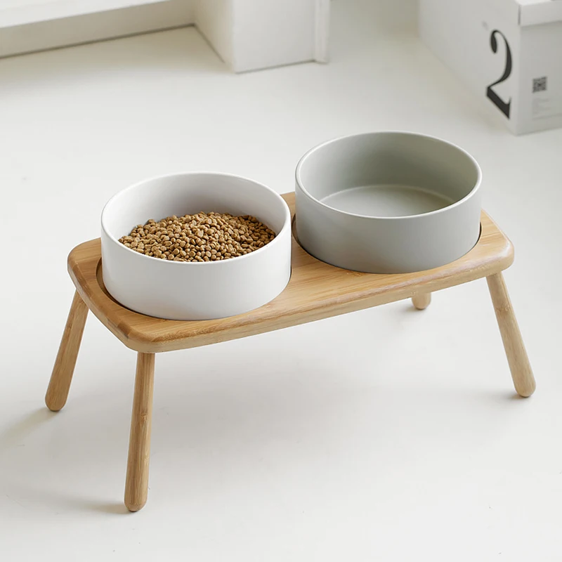 1800ML Pet Ceramic Bowl Small Medium Big Dogs Elevated Food Water Bowls with Wooden Stand Raised Feeding Dining-table