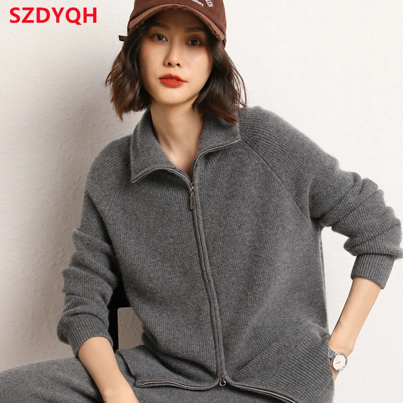 2023 Hot Sale 100% Cashmere Cardigan Women Coat Autumn Winter Warm Jacket Long Sleeve Soft Sweater Female Knitwear Outwear