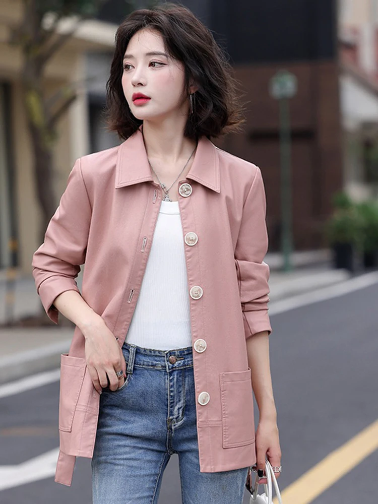 Chaqueta de cuero adelgazante con cuello vuelto para mujer, abrigo de cuero con una botonadura para ir al trabajo, primavera y otoño