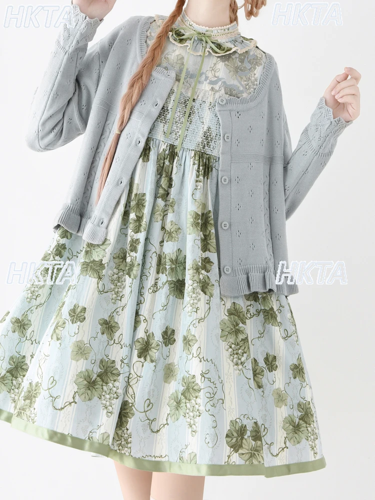 빈티지 빅 크루넥 로리타 니트 가디건 여성 로리타 스웨터 가을 달콤한 플리츠 긴 소매 루즈 블랙 스웨터 탑