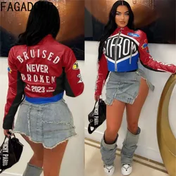 FAGADOER Punk Gothic Crop Jacket Fashion Women Color Blocks Letter Print Zip Patchwork Coat Hot Girl Streetwear Spring 2025 New