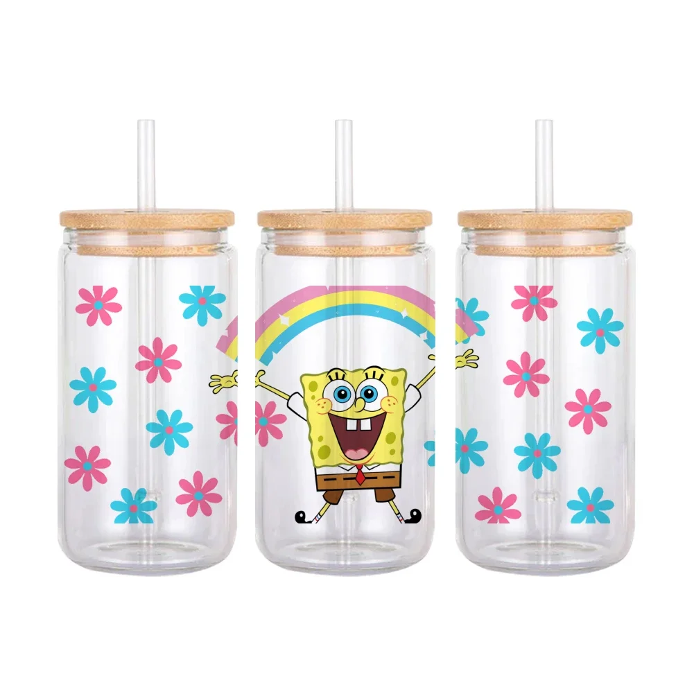 Cartoon Yellow SpongeBob Pattern UV DTF Transfer Sticker Waterproof Transfers Decals For 16oz Glass Cup Wrap Stickers