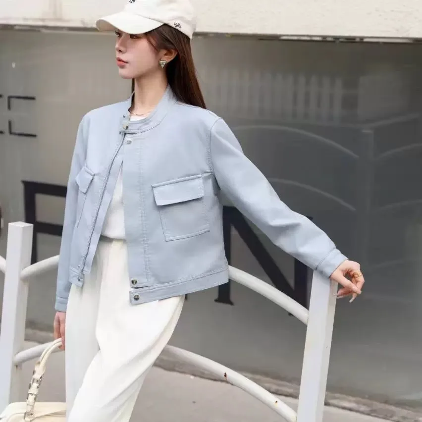 Giacca da donna in pelle moda pendolarismo minimalista coreana con design corto in PU lavato sottile, piccola statura, versatile alla moda