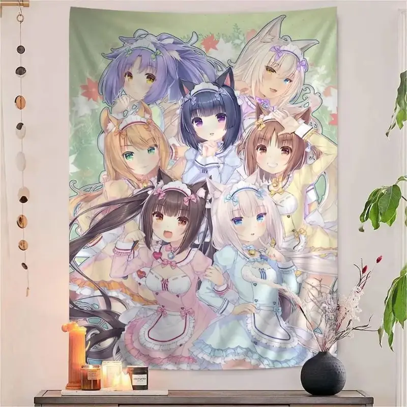 VIKAMA Cute Cat Ear Maid Girls Wall Hanging Tapestry Pastel Anime Wall Decor Cloth For Girls Bedroom Dorm Manga Photo Backdrop