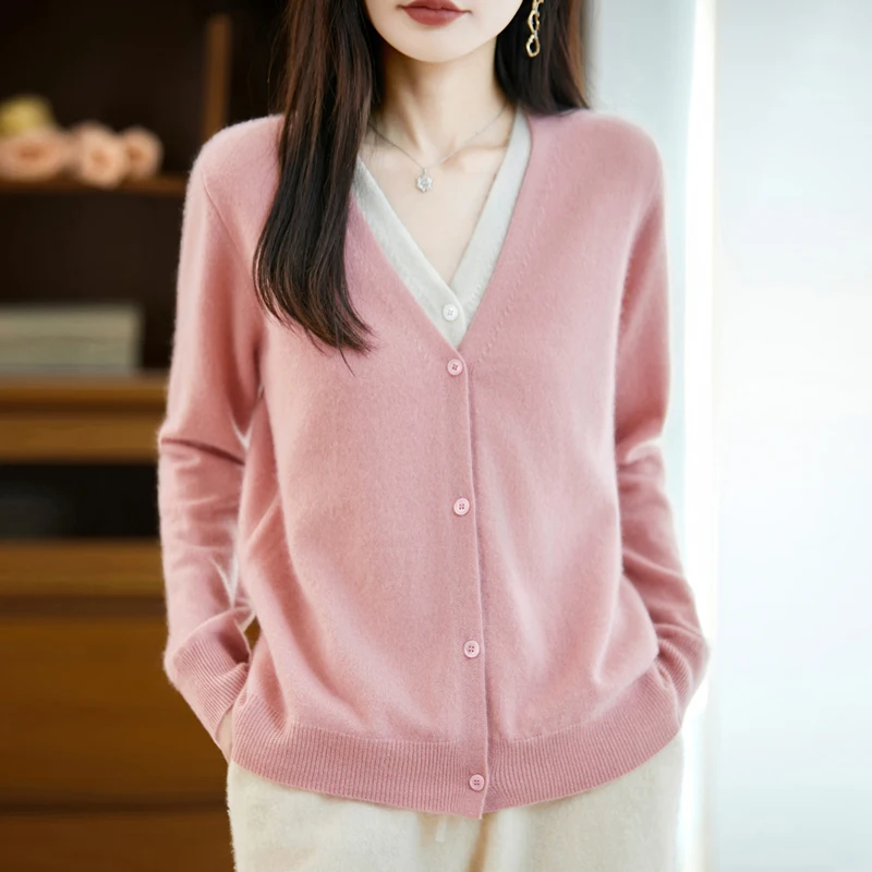 Autumn Winter New Arrival Women's Merino Wool Cardigan Sweater Fake Two‑Piece V‑Neck Solid Graceful Plush Long Sleeve Knit Top