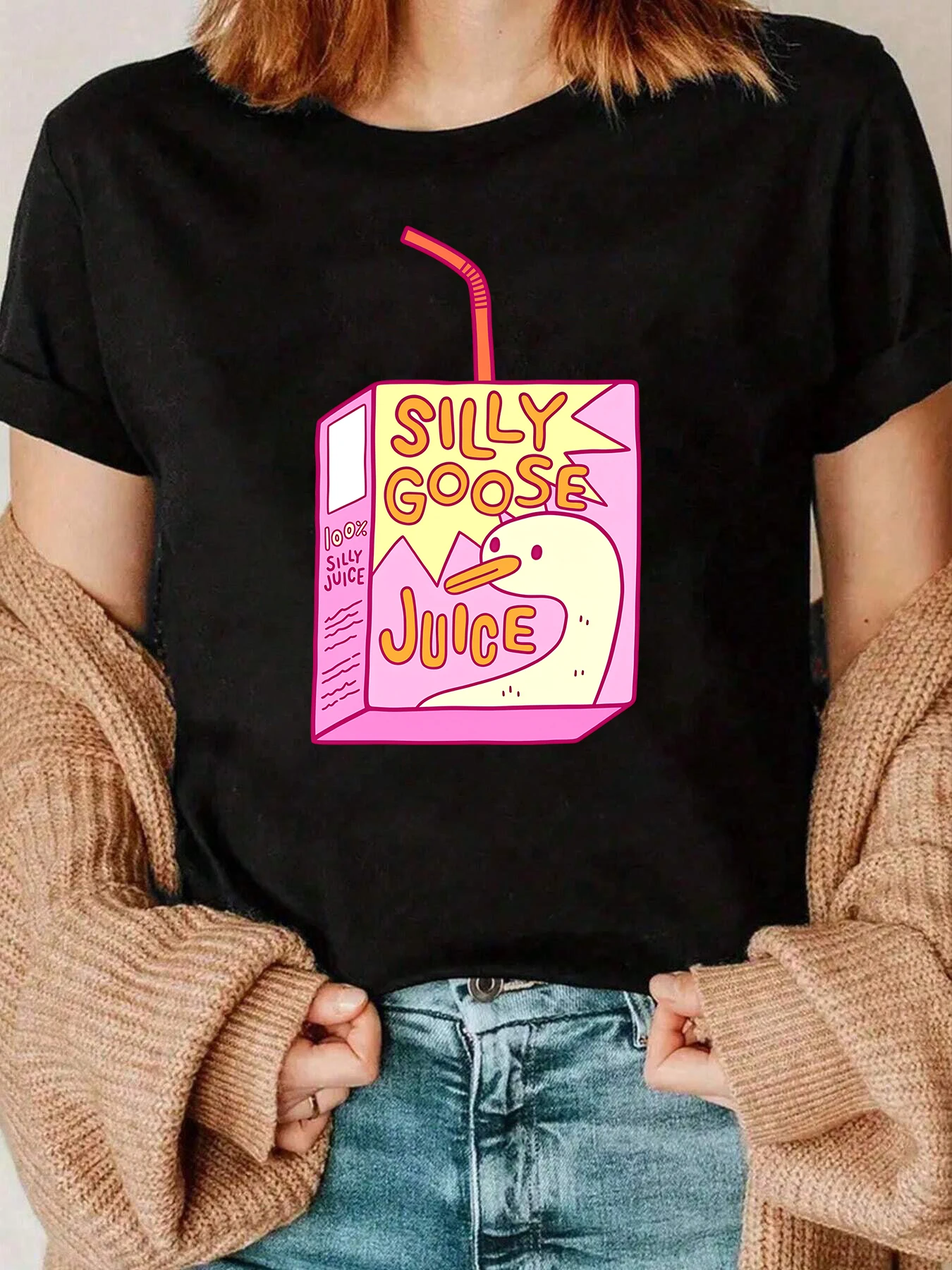 

Silly Goose Juice Box Print T Shirt Casual Wear Women 220g