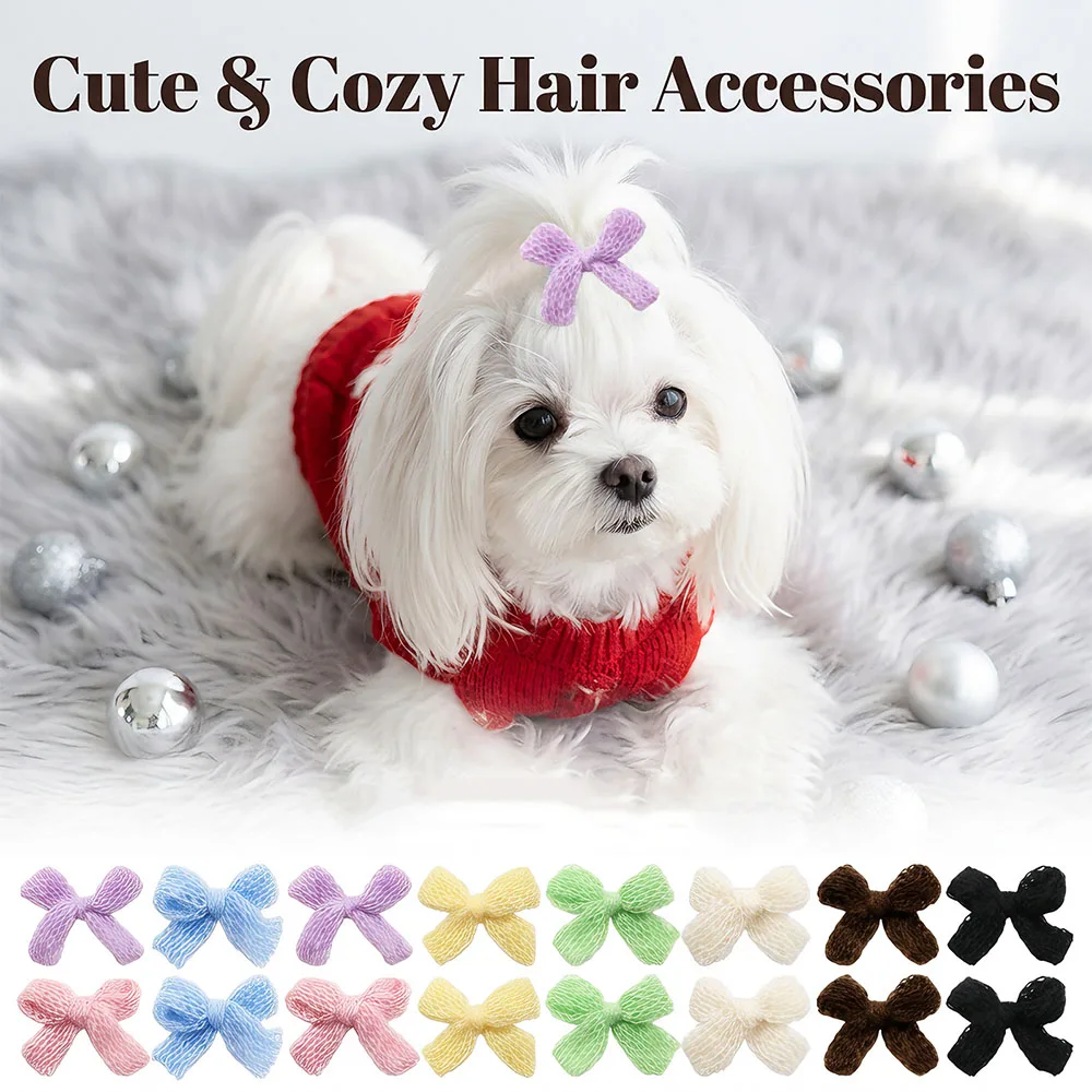 60PCS Handmade Knit Dog Hair Clips Colorful Dog Bows Bowknot Barrettes Pet Grooming Hair Accessories for Small Dogs Bulk