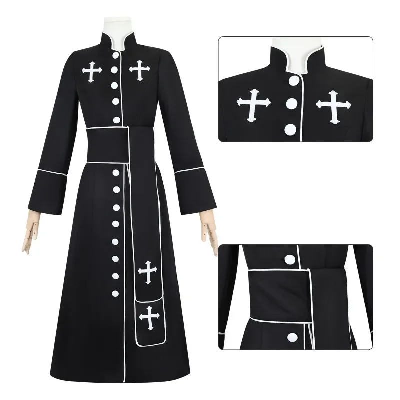 Halloween Cosplay Costume Church Clergy Priest Priest Costume Robe Ladies Priest Gown Roman Cass with Stand Collar Dress