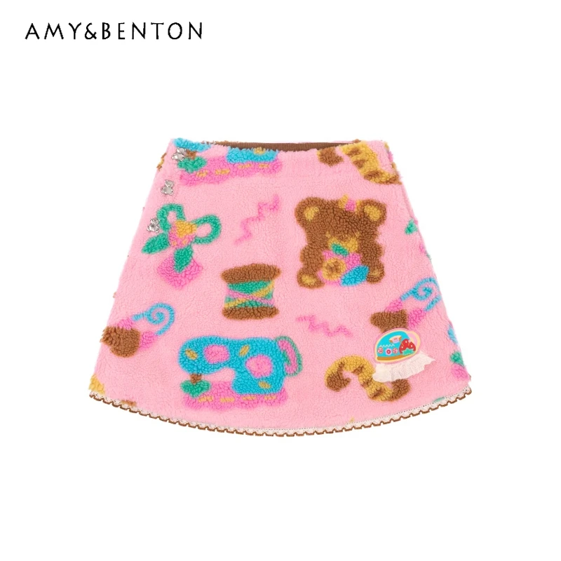 

Новая зимняя коллекция 2025: Укороченная юбка А-силуэта из флиса с розовым принтом в виде животных, в стиле Y2K, крутая, милая, плюшевая, для женщин