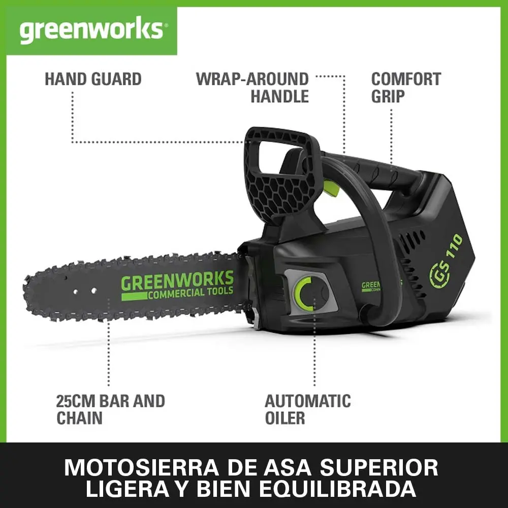 Greenworks GD40TCS Battery Chainsaw, Top Handle, Brushless Motor, Self-Oiling, Backup Protection WITHOUT 40V Battery and Charger