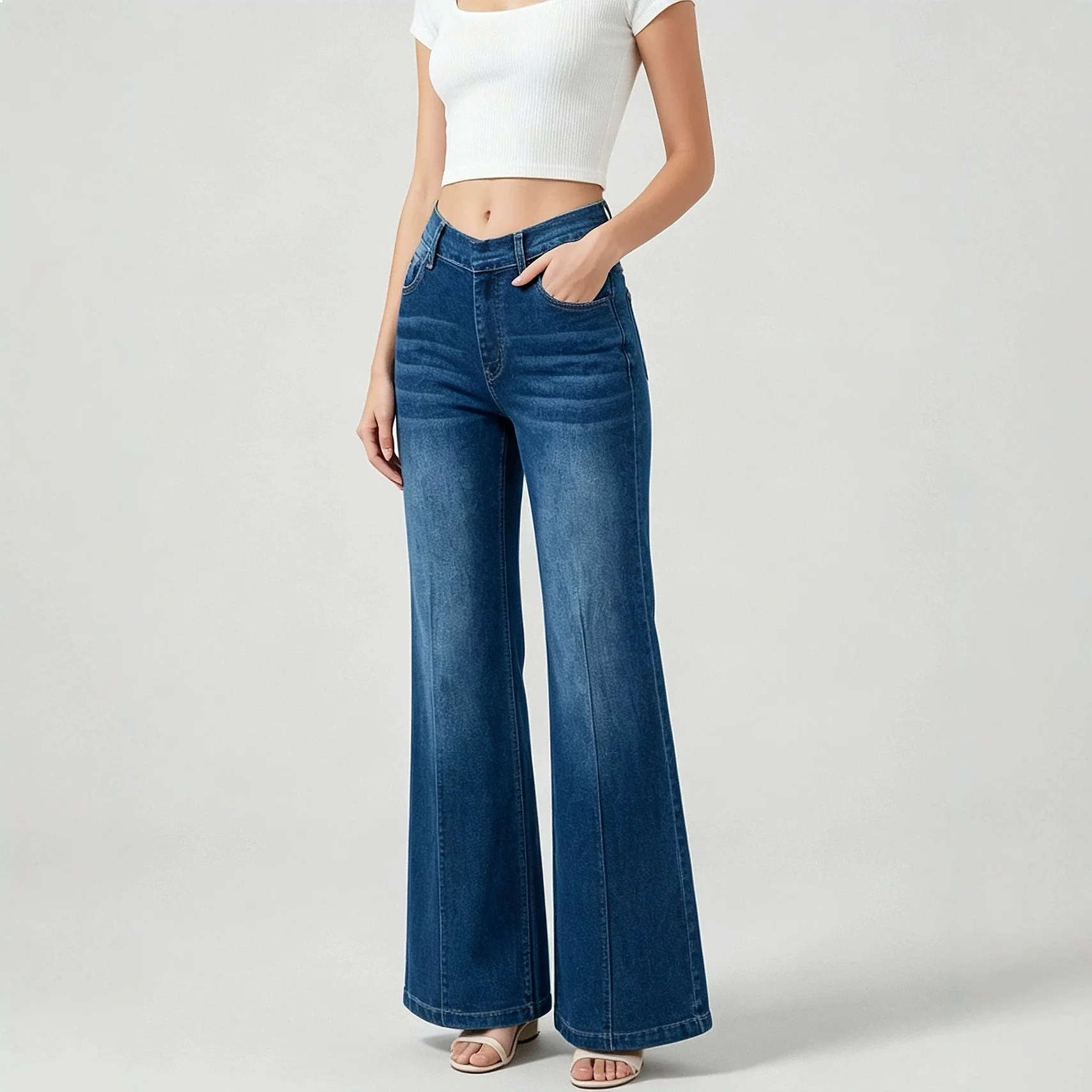 European and American cross-border supply, new temperament elegant straight high waist elastic elastic waist washed denim pants