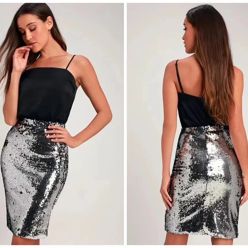 Gold Sequin Shiny Pencil Skirt High Waist Women Fashion Skinny Christmas Midi Skirts Elegant Office Lady Workwear