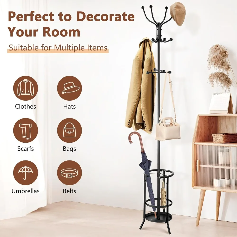 رف معطف قوي قائم بذاته مع حامل مظلة، شماعة شجرة شديدة التحمل مكونة من 12 خطافًا للمعيشة في المدخل #5