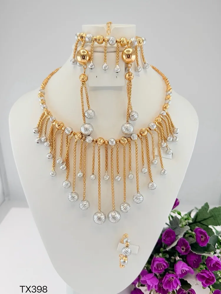 Luxury Fashionable Three Tone Beads Shape Jewelry Set Stunning Necklace Bracelet Earrings Ring 4PC Jewellery for Wedding Party