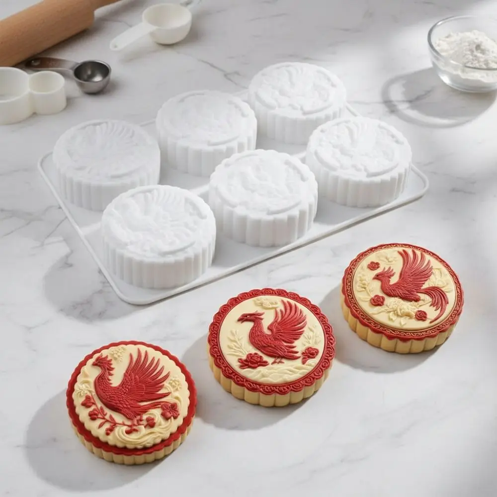 Silicone Mid Autumn Festival Phoenix Mooncake Mold 6 Cavities Heat-resistant Auspicious Clouds Mooncake Mold Easy To Demold