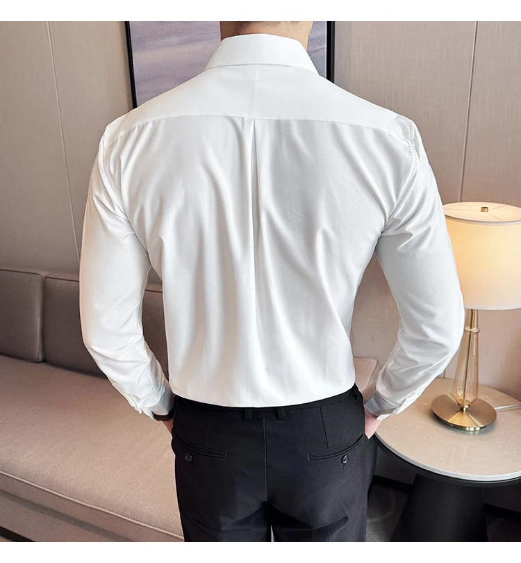 Mens Shirt Strap Decorate Luxury Designer Top Long Sleeve Shirt White Soft Elastic High Quality Social Blouse Ruffian 2024 Cloth