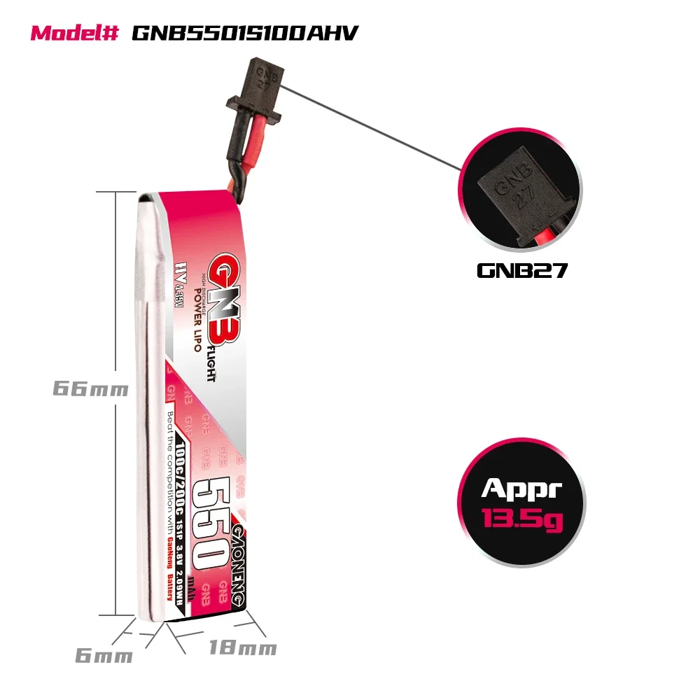 GAONENG GNB 550mAh HV 1S 100C 200C 3.8V Cabled GNB27 LiPo Battery Yinywhoop Tiny7 PowerWhoop Cockroach Quadcopter