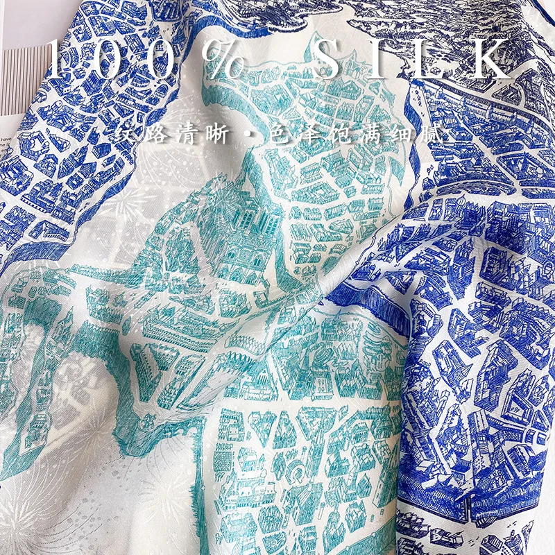 Retro City Map Bandana 100% MULBERRY SILK 65X65cm Cream Shades of Blue Urban Blueprint Neck Hair Wrap Women Holiday Gift view 2