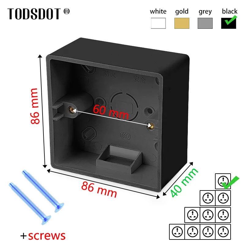 Black EU Switch Box 86 * 86 * 40 mm On Wall Socket Box Premium Baking Black Mount Box PVC Flame Retardant UL 94 V-0