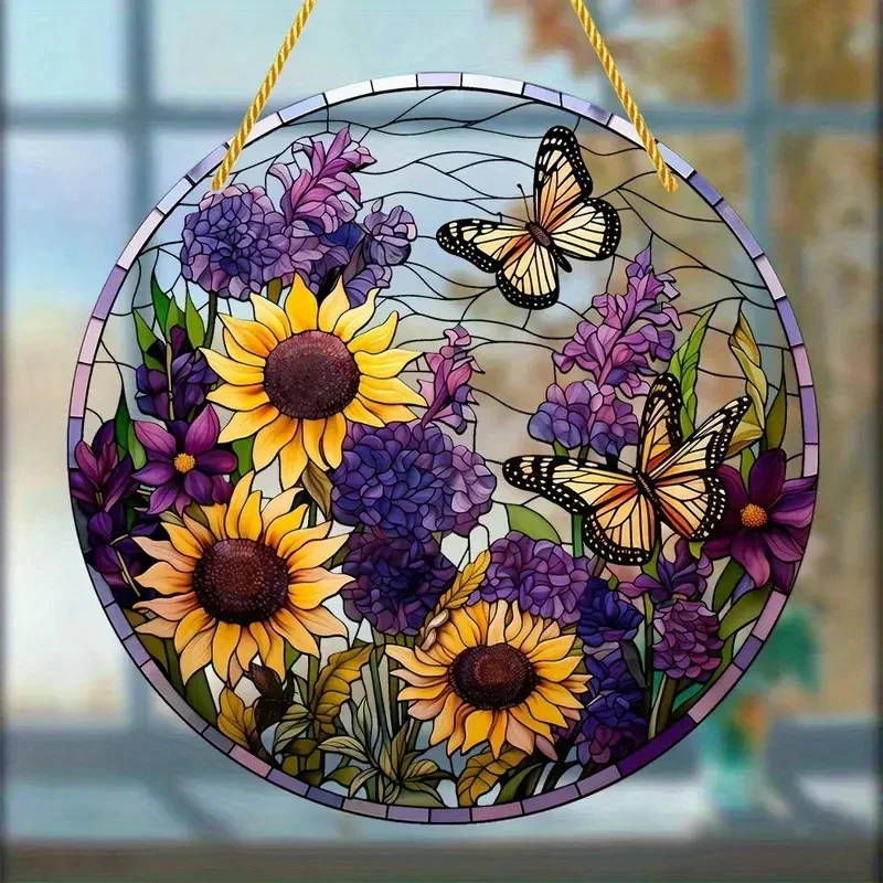 Acrylic Vibrant Purple Butterfly Suncatcher-Stained Glass-Inspired Translucent Hanging,Durable Round Sign Garden Courtyard Decor