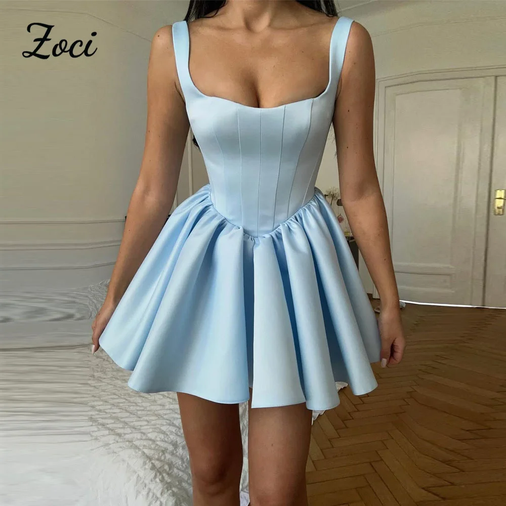 

Zoci A Line Sky Blue Satin Mini Customized Prom Dresses Wide Straps Short Bridesmaid Gowns Modern Outfit Formal Homecoming Dress
