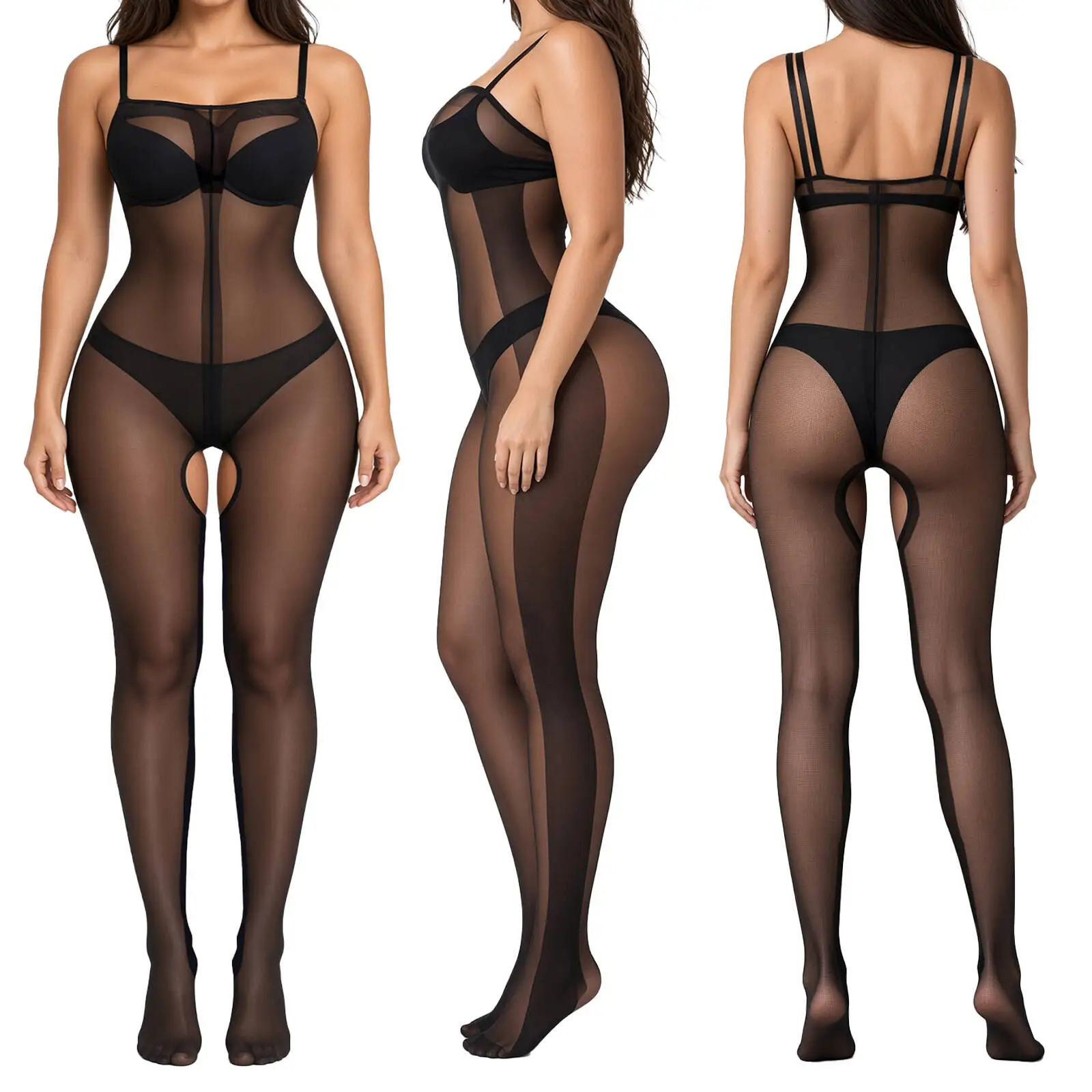 Underwear Black Sexy Open Crotch Bodysuit Fashion Sheer Straps Featuring Side Vertical Stripes Woman Color Design Beach Alluring