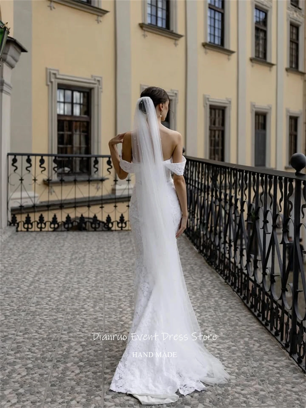 Dianruo delicado encaje blanco sirena Vestidos de Novia perlas de lujo Vestidos Novia Bohemio apliques Vestidos de Noche personalizados