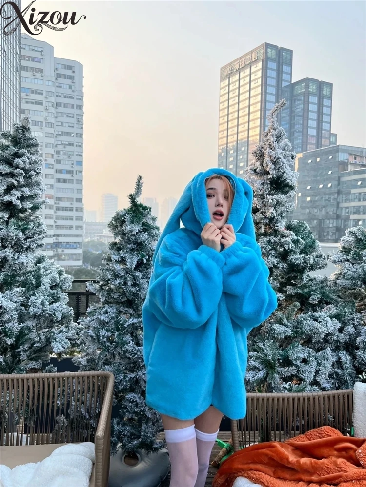 Rabbit Ear Plush Thick Jackets Cute Hooded Mid-Length Jacket Women's Faux Fur Coat  Winter Clothes Women 2025 Fashion Coats