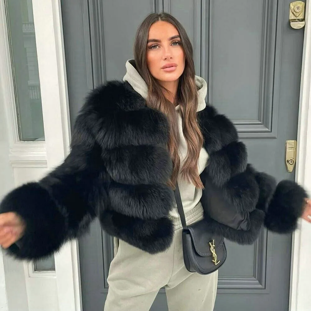 

Fashion Black Winter Real Fox Fur Thick Coat Women Warm Natural Fur Short Jacket women's clothing trend 2024 fluffy outer wear