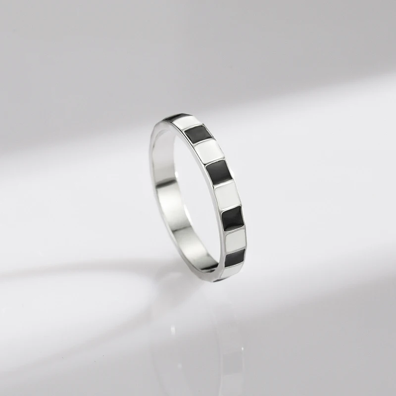 Modian 925 Sterling Silver Minimalist Black And White Grid Enamel Trendy Ring For Women Unique Original Design Ring Fine Jewelry