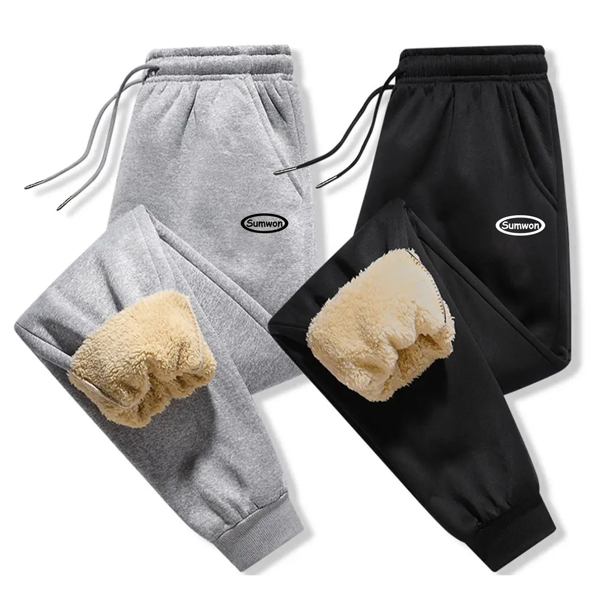 

Men's Black & Gray 2-Pack Casual Pants: Warm Fleece Lining, Drawstring Design for Casual Winter Wear