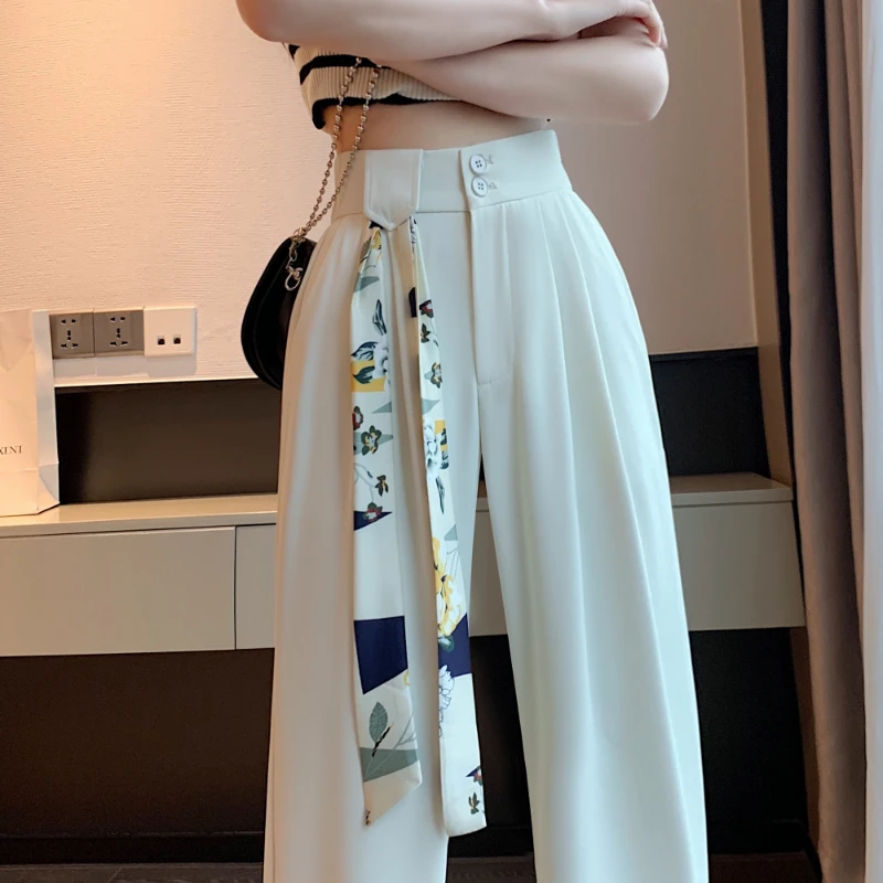 

Sashes White High Waisted Pants for Women Spring New Korean Fashion Button Up Wide Leg Pants Elegant Office Ladies Casual Pant