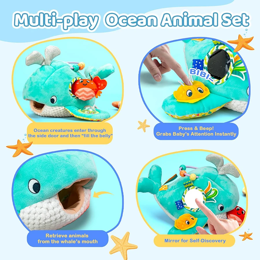 Brinquedos do bebê baleia oceano amigos conjunto de pelúcia montessori brinquedos sensoriais para bebês recém-nascidos com chocalho espelho, crinkle squeaker