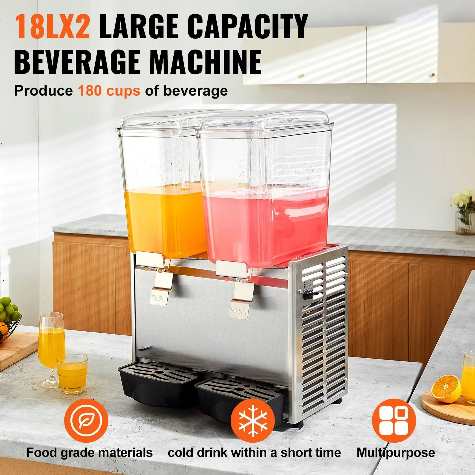 NEW Commercial Beverage Dispenser, 20.4 Qt 18L 2 Tanks Ice Tea Drink Machine, 590W 304 Stainless Steel Juice Dispenser