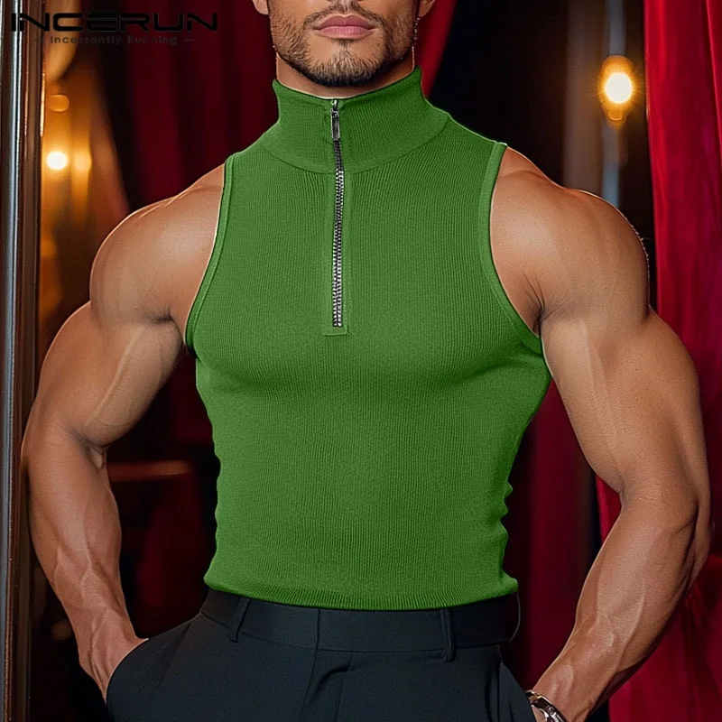 INCERUN летние мужские топы на бретелях, однотонные топы без рукавов на молнии, мужская одежда, модные вечерние уличные топы, футболка большого размера, S-3XL