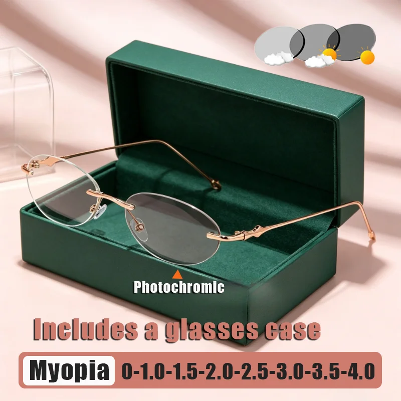 

Fashion Frameless Photochromic Myopia Glasses with Case Anti-Blue Light Minus Diopter Eyeglasses Women's INS Style Goggles