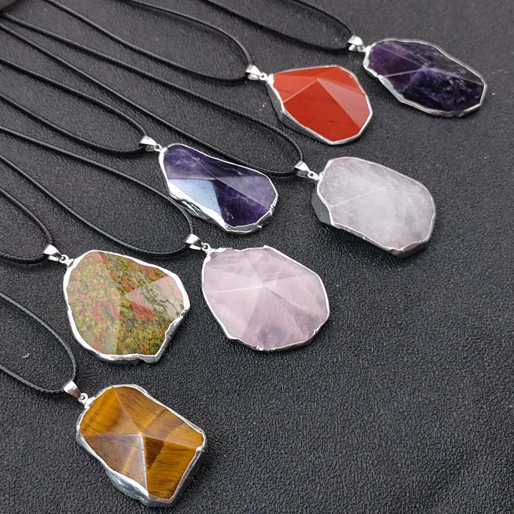 Natural pink and white amethyst tiger's eye stone cut pyramid silver edge pendant red jasper flower greenstone irregular necklac