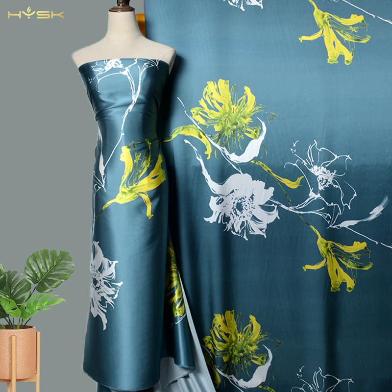 HYSK natural silk satin fabric, flower printed fabric, high quality, for dress, shirt, pajamas, cheongsam, DIY, sewing, e2845