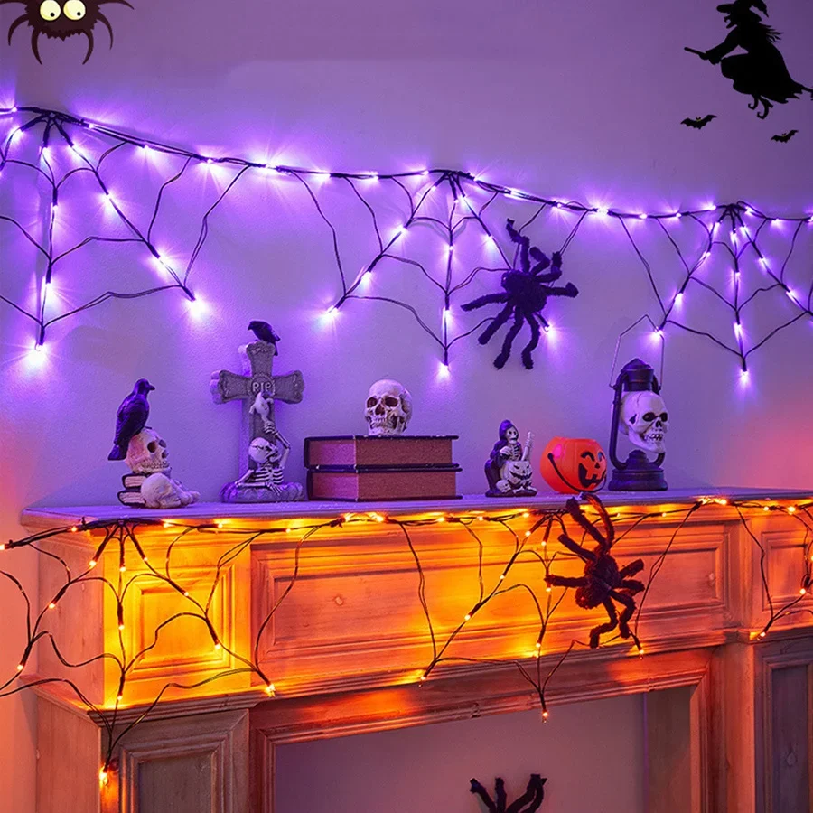 Spooky Colorful LED Halloween Spider Web String Lights Glowing Atmosphere Lamp for Outdoor Indoor Party Garden Yard Home Decor