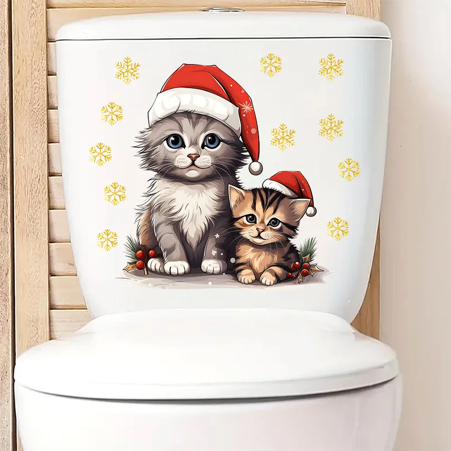 Christmas Cartoon Cute Kitten Self-adhesive Wall Sticker Toilet Sticker Room Background Wall Decoration Sticker