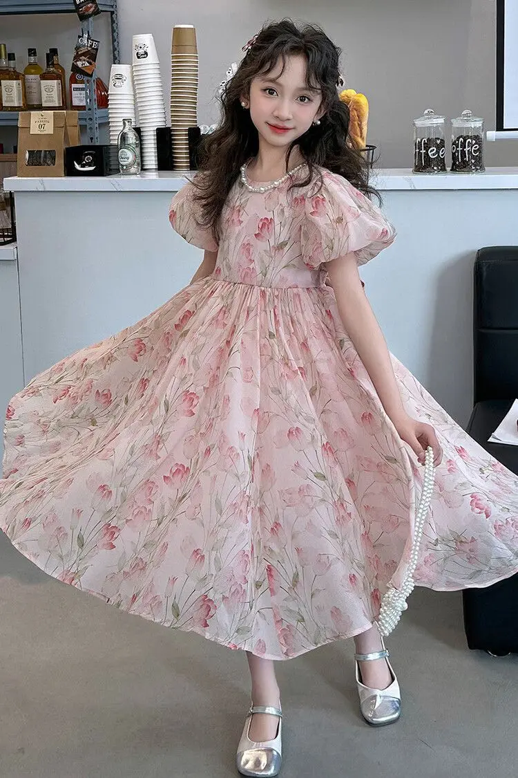 Summer New Dresses Girls Princess Dresses Floral Dresses Sweet Wind Japanese Lazy Style Casual Dresses Bubble Sleeve Dresses