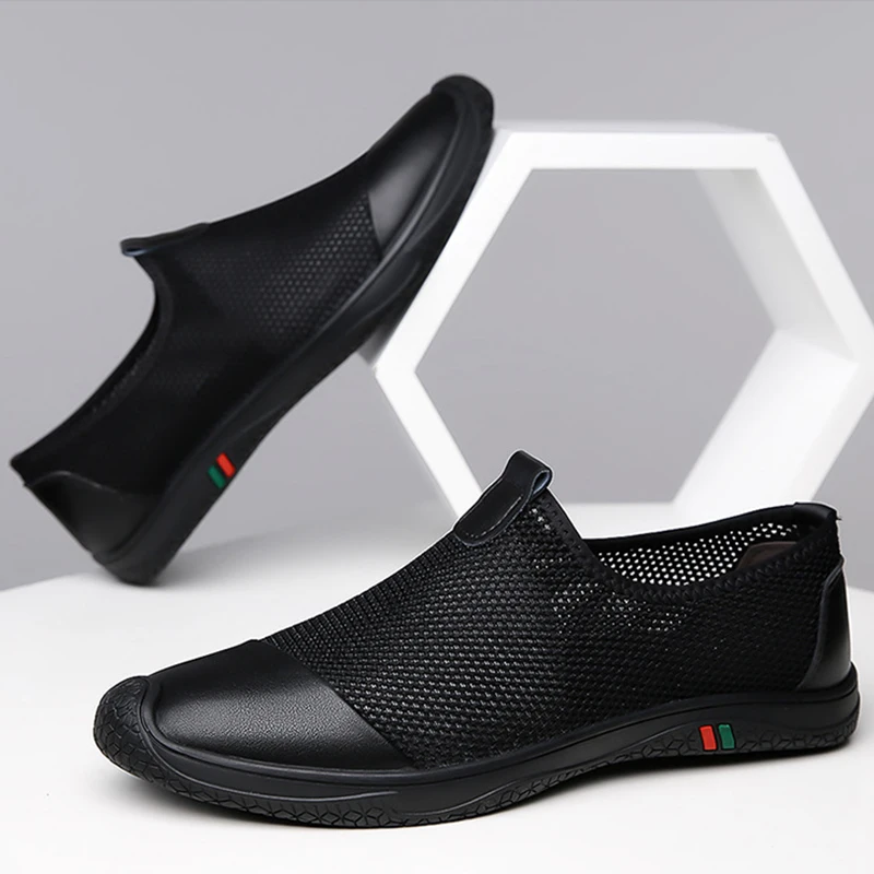 Zapatos planos de malla transpirable para hombre, zapatillas ligeras informales para caminar, ahuecadas, calzado sin cordones para conducir, mocasines hechos a mano