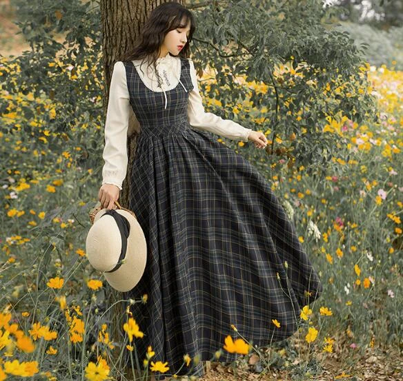 Robe Longue En Coton A Col Montant Pour Femme Avec Broderie De Fleurs Vintage Mori Girl Cottagecore Une Piece Plaid Lolita Automne Hiver Robes AliExpress