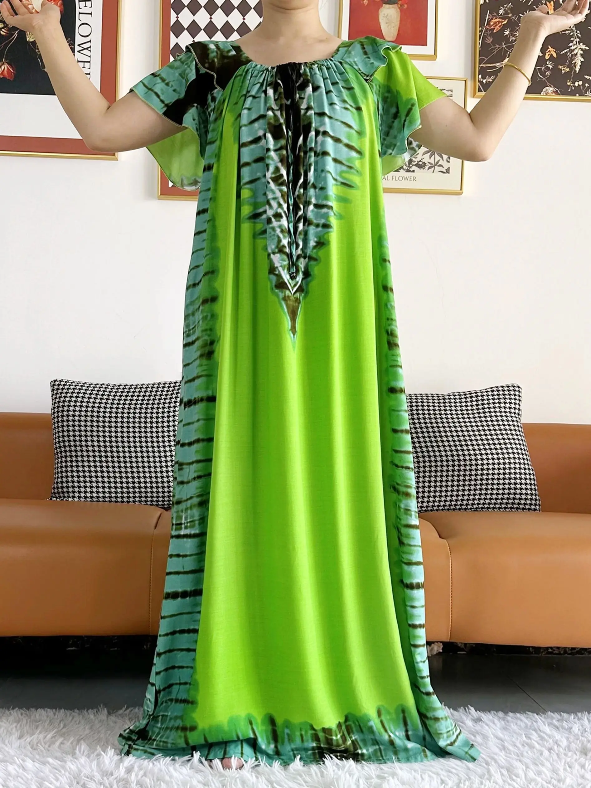 Abaya for Women African Lady Short Sleeve Loose Dress Solid Cotton Boat-Neck Floral Boubou Maxi Islam Women African Clothes