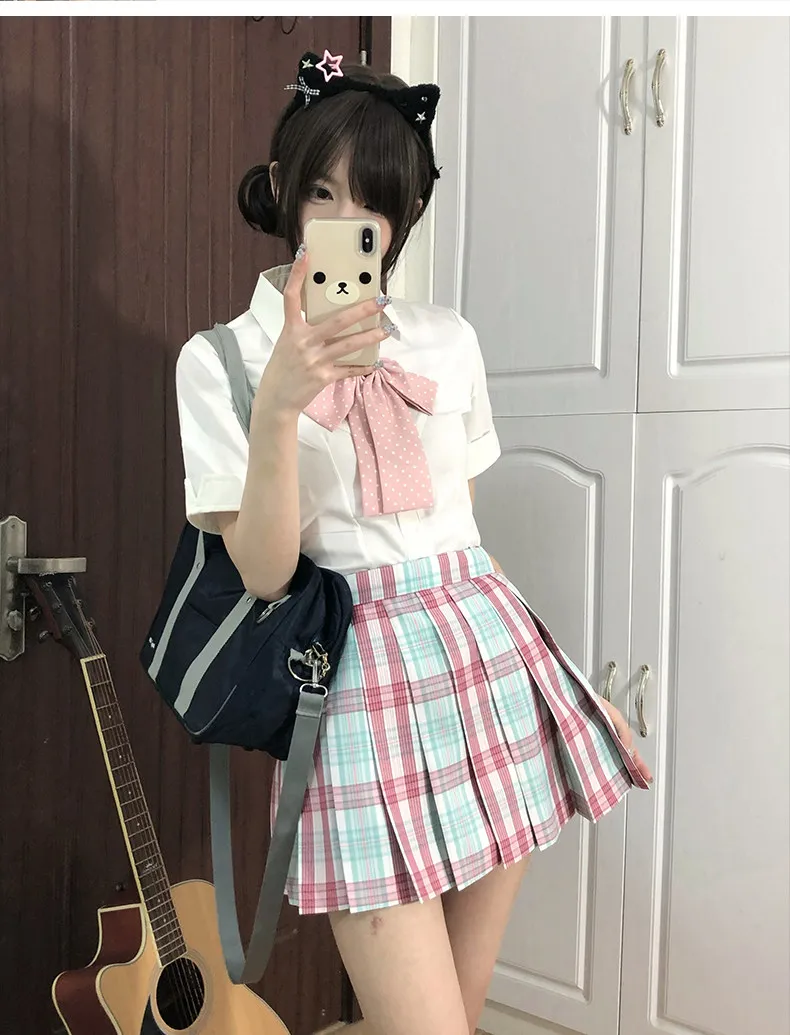 JK uniform  A-line pleated pink and green checkered versatile design skirt