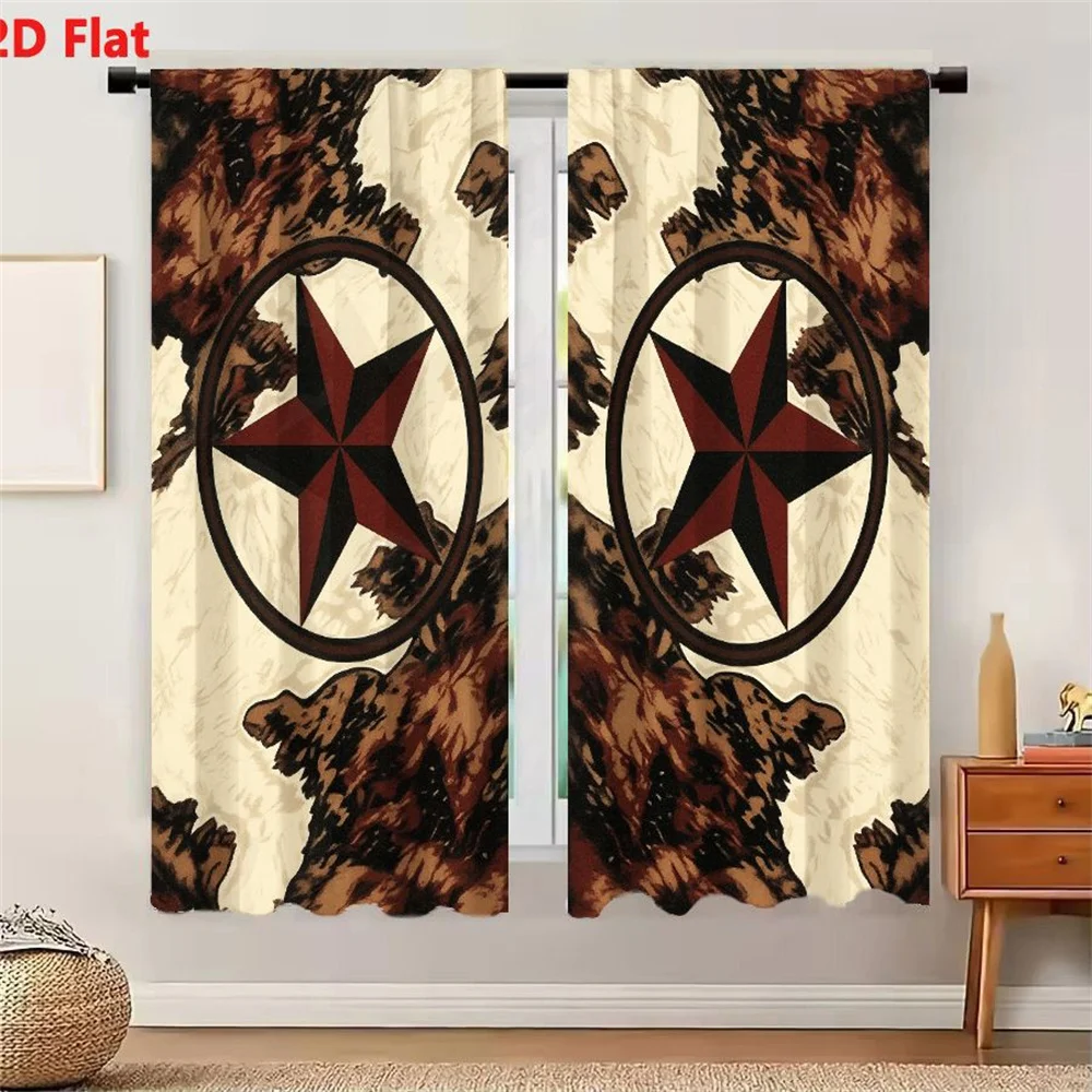 2Pcs Curtains 2D Flat Symmetrical Kaleidoscopic Design With Red Black Stars In Circular Borders And Organic Brown Tan Black Repe