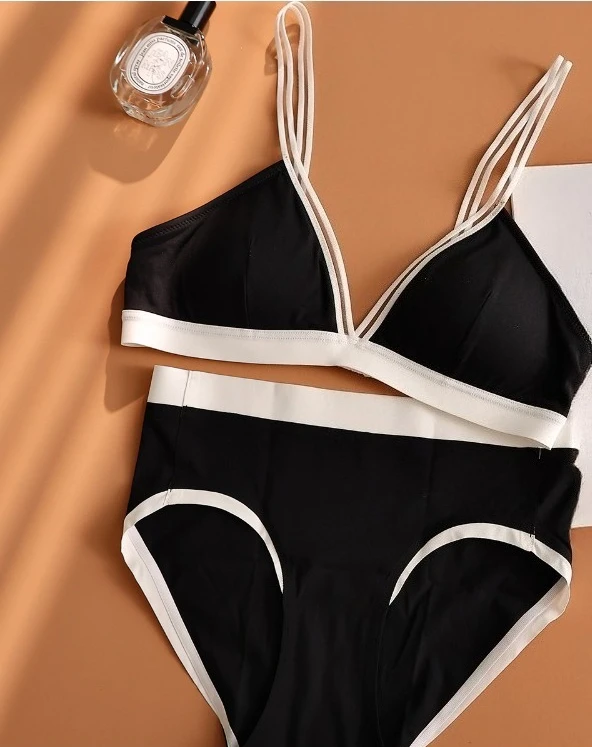 Women Deep V Triangle Cup Bra Small Bust Slight Gather Thin Strap Beauty Back Sexy French Seamless Light Lingerie Set  32-38AB