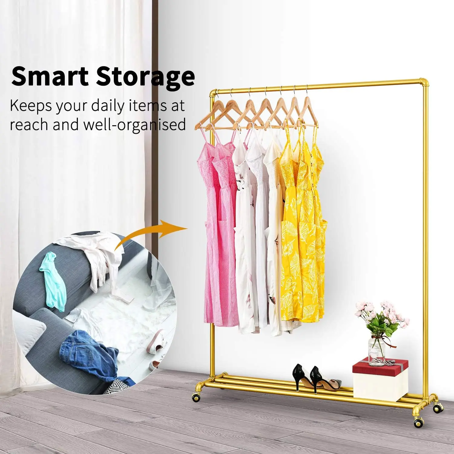 Rolling Gold Clothing Racks on Wheels,Retail Display Industrial Pipe Clothing Racks for Hanging Garment Racks for Boutiques,Home