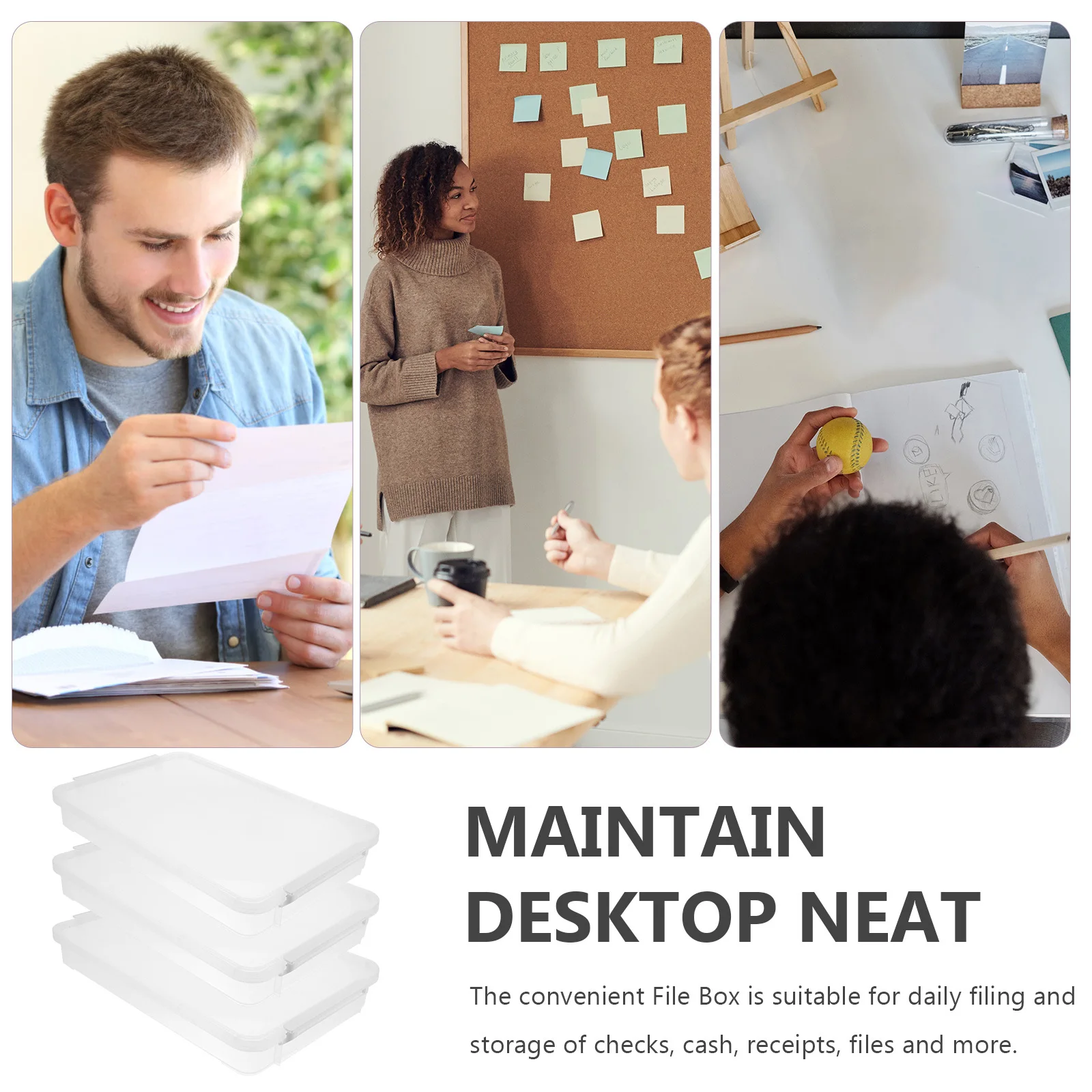 

3pcs Clear File Storage Box Plastic Document Organizer With Lid Stackable Design For Office Photos Receipts Cash Checks